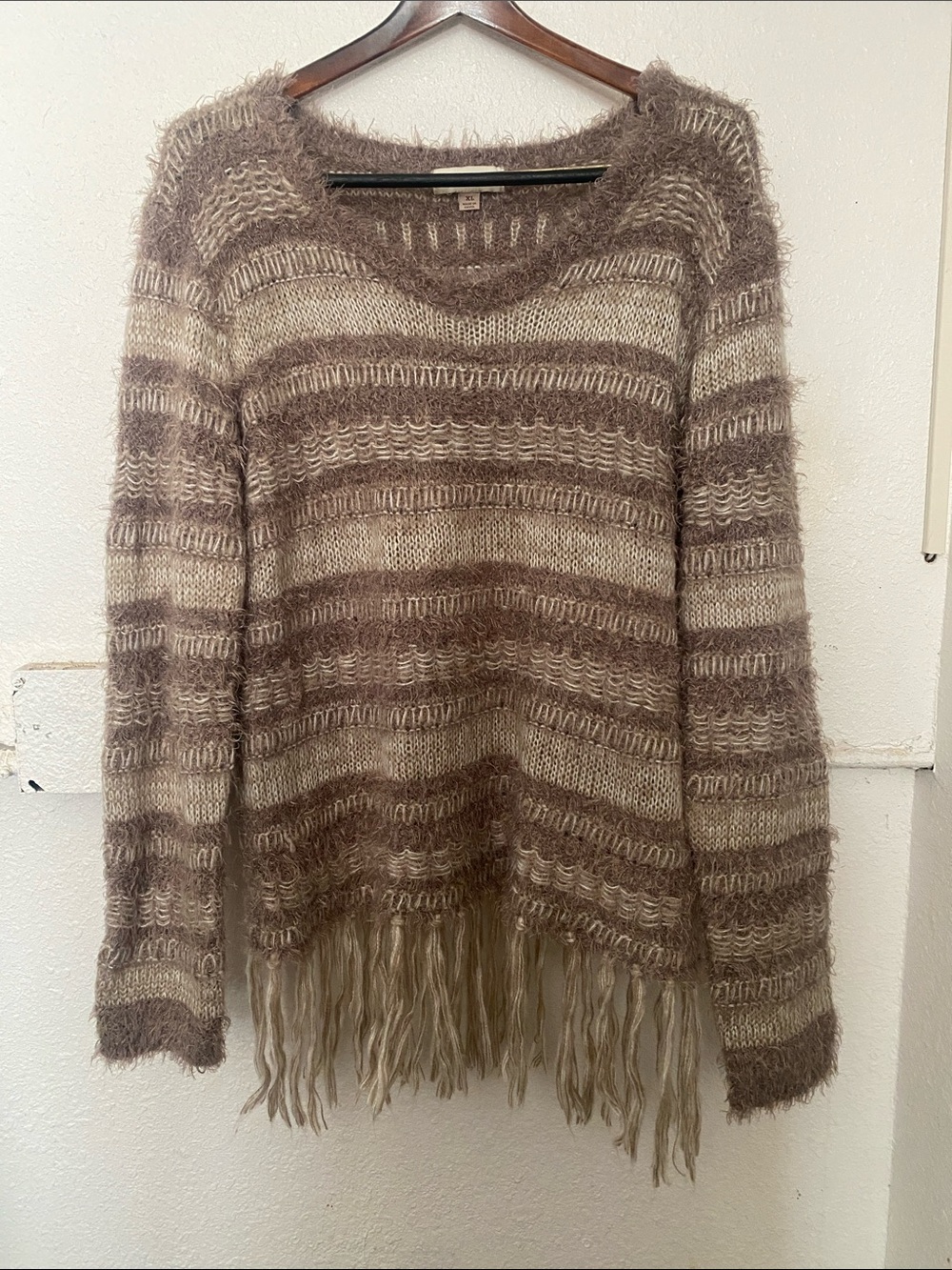 Knox Rose Taupe & Cream Striped Fringe Cozy Sweater